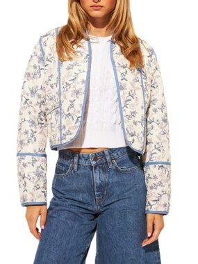 John + Jenn Cream Quilted Bomber with Blue Floral Piping